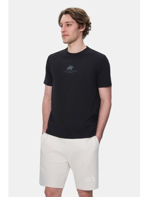 Ucla FABIO Siyah Bisiklet Yaka Baskılı %100 Pamuk Standard Fit Erkek Tshirt