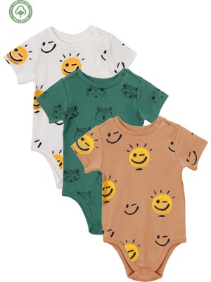 Divonette Unisex Bebek Body 3’lü Set %100 Pamuk İnterlok Çıtçıtlı Kısa Kollu Desenli Badi