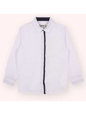 Panço Erkek Çocuk Beyaz Gömlek Uzun Kol Düz Desenli Patı Bant Detaylı Normal Kalıp