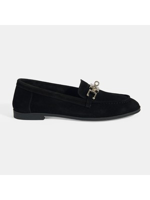 Kadın Siyah Kilit Aksesuarlı Slip-On Süet Loafer