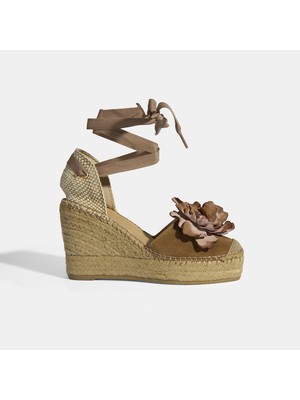 Limited Edition Bej Kadın Çiçek Aksesuarlı Jüt Bağcıklı Dolgu Topuklu Süet Espadril