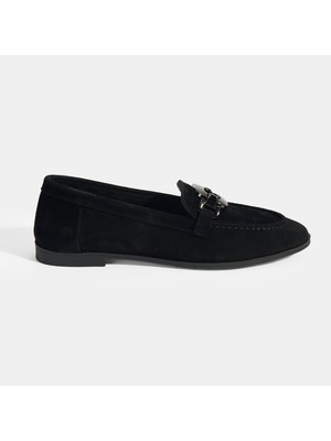 Kadın Siyah Metal Aksesuarlı Süet Loafer