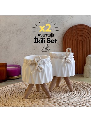 Serengeti Home Ahşap Ayaklı Beton Saksı Seti - Minimalist Ev ve Ofis Dekoru İkili Avantajlı Set