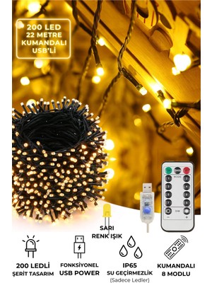 Technojet 200 Ledli Usbli Kumandalı 8 Modlu Şerit LED Işık Parti Süsleme Organizasyon Sarı Işık