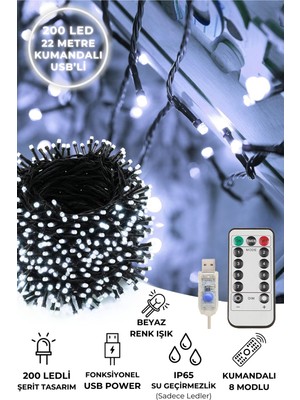 Technojet 200 Ledli Usbli Kumandalı 8 Modlu Şerit LED Işık Parti Süsleme Organizasyon Beyaz Işık Rengi