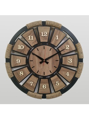 Lüks Dekoratif Ahşap Siyah Duvar Saati Hasır - Jüt Ipli