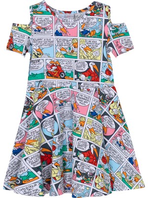 Cartoon Network Kız Çocuk Desenli Yarım Kol Omuzu Açık Elbise