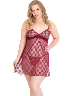 Aria's Closet Büyük Beden Bordo Kısa Tül Gecelik