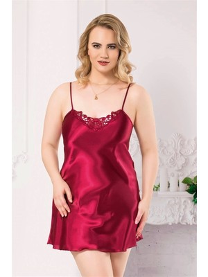 Aria's Closet Büyük Beden Bordo Kısa Saten Gecelik