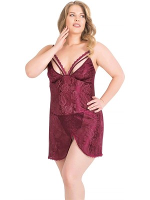 Aria's Closet Büyük Beden Bordo Kısa Jakarlı Gecelik