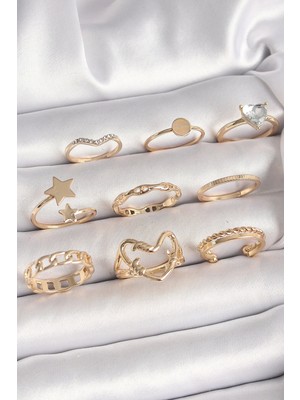 Shopzum Pirinç Gold Renk Zirkon Taş Detaylı Kalp Yıldız Figür Kadın Yüzük Kombini