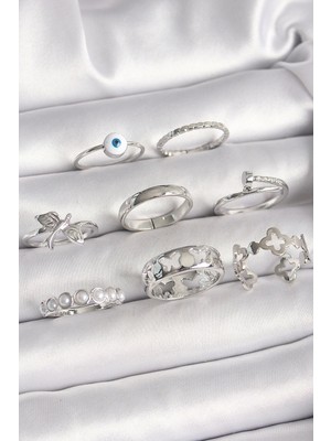 Shopzum Pirinç Gümüş Renk Nazar Boncuk Detay Incili Kelebek Işlemeli Kadın Yüzük Kombini