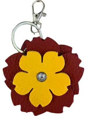 PİNKYLOLA -Çiçek Şeklinde Kırmızı & Sarı Suni Deri Mini Anahtarlık , Çanta Süsü  Bag Charm