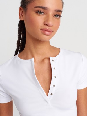 31704 Çıtçıt Düğmeli Kısa Kollu Top-Beyaz