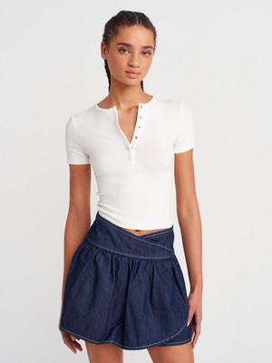 31704 Çıtçıt Düğmeli Kısa Kollu Top-Ekru