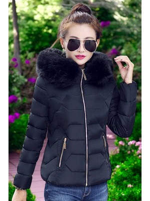 Kışlık Kapüşonlu Kürklü Şişme Kadın Mont