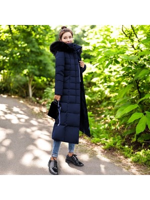 Kışlık Tam Boy Kürklü Kapüşonlu Tasarım Kadın Şişme Mont