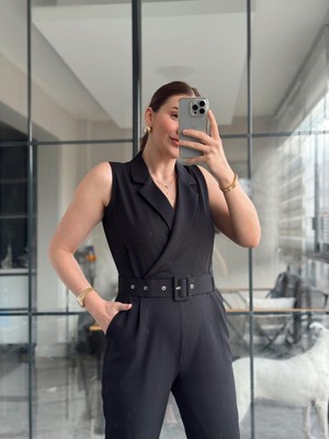 Kruvaze Yaka Kemerli Kadın Tulum