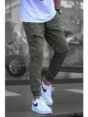 Haki Fermuar Detaylı Paraşüt Jogger Pantolon