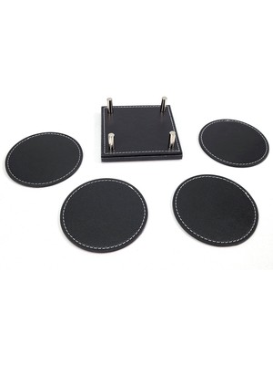 Prozenis PR4217 Lüks Ahşap Standlı Yuvarlak Deri Bardak ve Çay Tabağı Altlığı