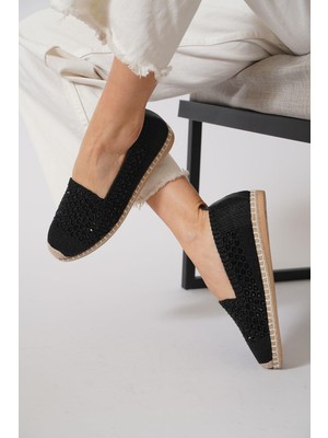 Green Mod 312 Kadın Hasırlı Taşlı Espadril Babet Siyah