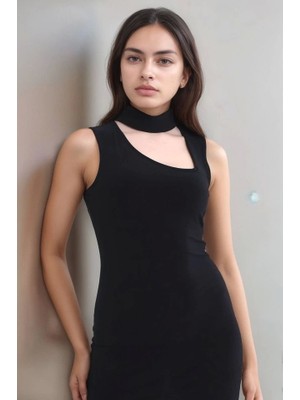 Defy Moda Kadın Asimetrik Yaka Sandy Kumaş Fırsat Ürün Diz Üstü Elbise