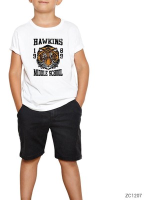 Stranger Things Hawkings Middle School Beyaz Çocuk Tişört