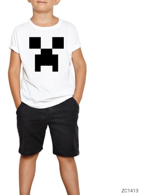 Minecraft Creeper Face Beyaz Çocuk Tişört