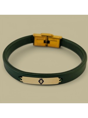 Altın Plakalı 14 Ayar Dikdörtgen Motifli Yeşil Derili Erkeklere Özel Sembol Bilekliği-371