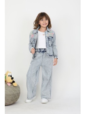 Kız Çiçek Aplikeli Denim Takım