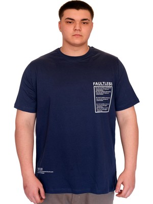 Mode Xl Büyük Beden Erkek T-Shirt Bisiklet Yaka Faultless Basklılı U25011 Indigo