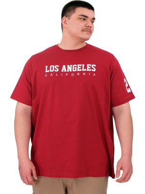 Mode Xl Büyük Beden Erkek Baskılı T-Shirt Los Angeles U25031 Bordo
