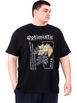 Mode Xl Büyük Beden Erkek T-Shirt Bisiklet Yaka Optımıstıc U25028 Siyah