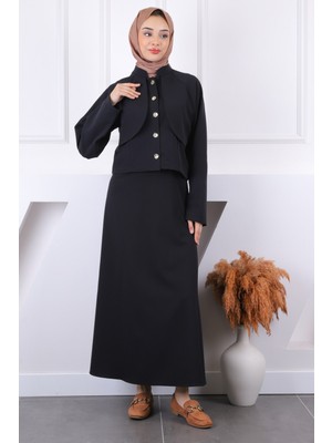 İmaj Butik Siyah Ön Düğmeli Ceket Etekli Takım