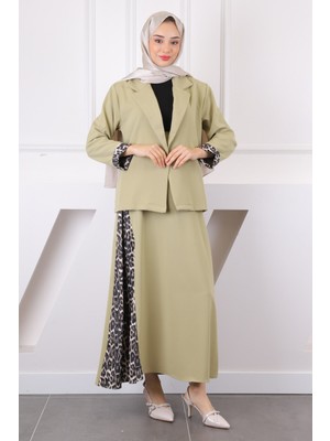 İmaj Butik Haki Leopar Desenli Ceket Etekli Takım