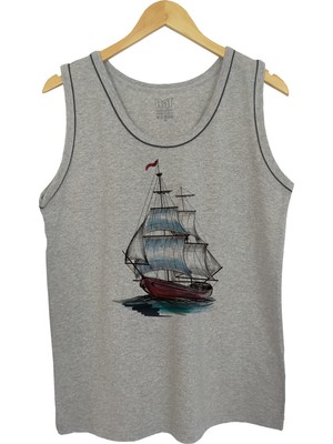 Erkek Askılı Gri Melanj T-Shirt Yelkenli Dijital Baskılı
