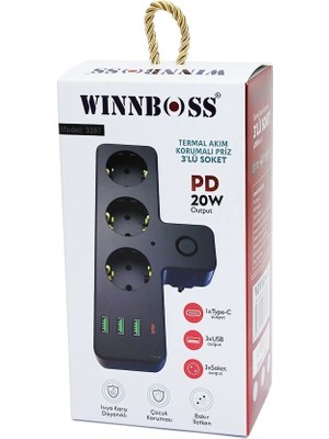 Siyah Termal Akım Korumalı  3xpriz 3xusb (1xtype-C Duvar Tipi Priz