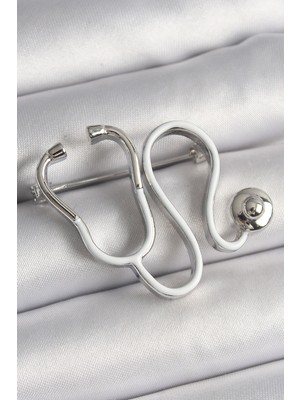 Pirinç Gümüş Renk Beyaz Steteskop Model Kadın Broş