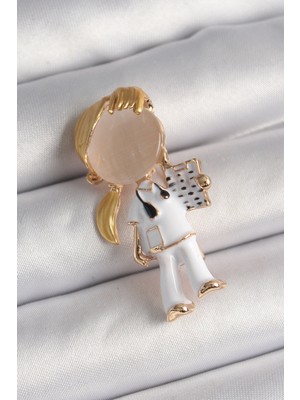 Pirinç Gold Renk Beyaz Mineli Doktor Model Kadın Broş