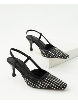 Kadın Siyah Arkası Açık Küt Burunlu Taşlı Orta Topuklu Ayakkabı Robis 5 cm