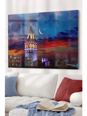 Galata Kulesi ve Hilal | Şehir Temalı Cam Tablo | 50 x 70  cm