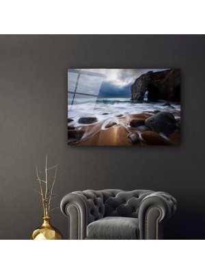 Kayalıklar Köpüren Deniz Sanatsal Cam Tablo
