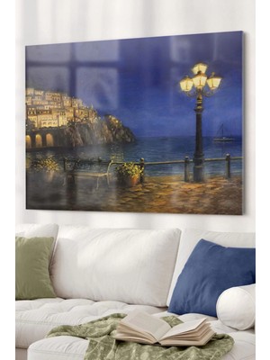Sokak Lambası ve Deniz Temalı | Manzara Temalı Cam Tablo | 50 x 70  cm