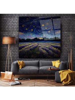 Lavanta Tarlası Gece ve Çiçekli Gökyüzü Sanatsal Cam Tablo