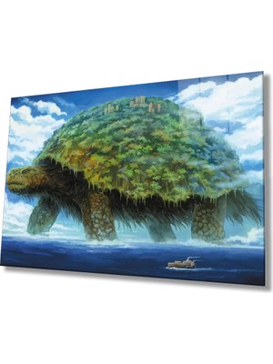 Marsilyan- Illüstrasyon Kaplumbağa Manzara Yeşil Cam Tablo