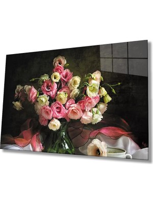 Marsilyan- Pembe Beyaz Güller Natürmort Cam Tablo