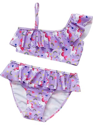 Petityu Mor Unicorn Kız Çocuk Fırfırlı Bikini