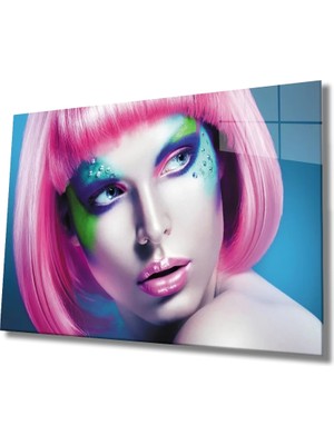 Marsilyan- Pembe Saç  Makyajlı Kadın Cam Tablo