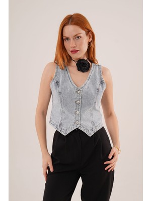 Düğmeli V Yaka Kot Crop