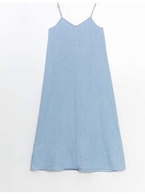 V Yaka Askılı Jean Elbise